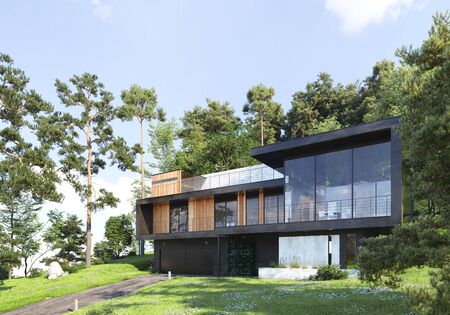 Modern house in forest, 3d renderの写真素材