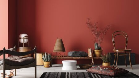 Rustic Home interior mockup with bench,chairs and decor in red room, 3d renderingの写真素材