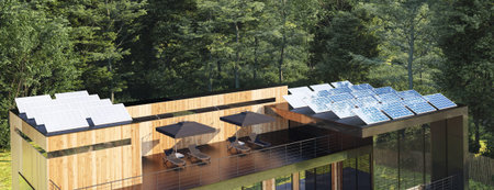 Modern house in forest with solar panels on the roof, 3d render