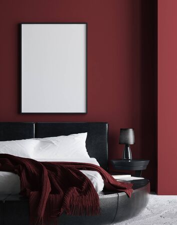 Modern luxury dark red bedroom interior, poster, wall mock up, 3d renderの写真素材