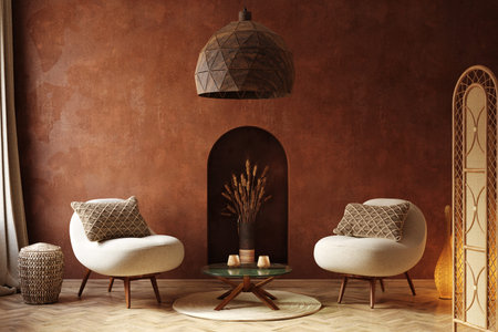 Cozy home interior, luxury living room with natural wooden furniture, 3d render