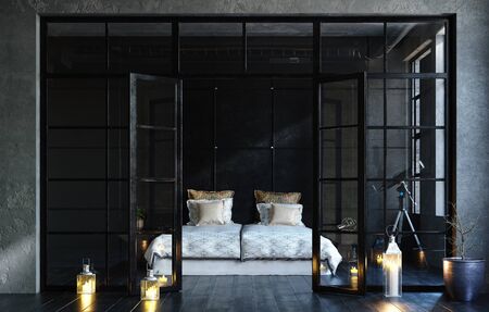 Black bedroom in loft, industrial style, 3d renderの写真素材