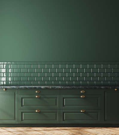 Empty dark green kitchen interior, wall mockup, 3d renderの写真素材