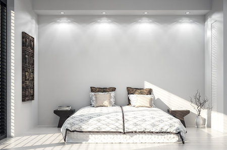 Modern white bedroom interior close up with minimal decor, 3d render