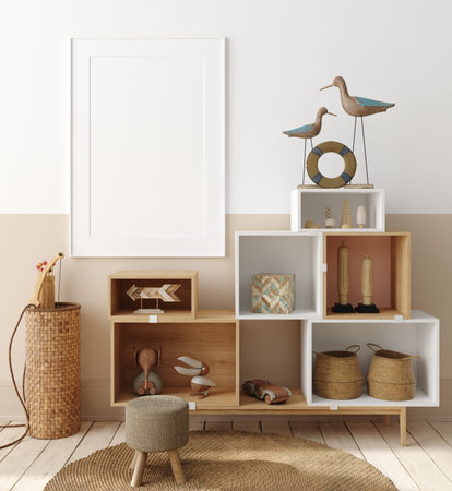Mock up poster in children bedroom interior background, Scandinavian style, 3D render