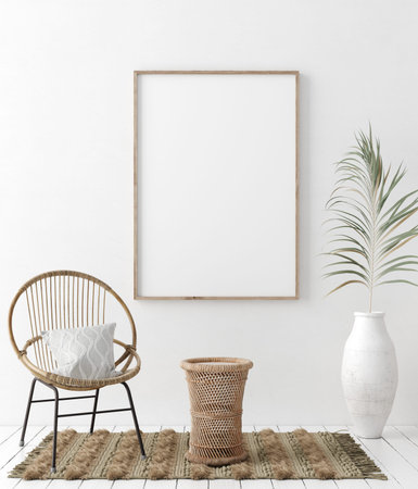 Mock up frame in home interior background, white room with natural wooden furniture, Scandi-Boho...