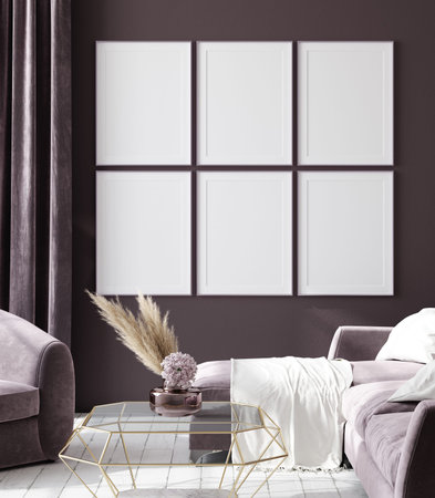 Mockup poster in dark violet monochrome modern living room interior background, 3D render
