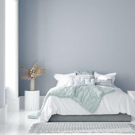 Home interior mock-up with bed, table and bouquet in bedroom, 3d renderの写真素材