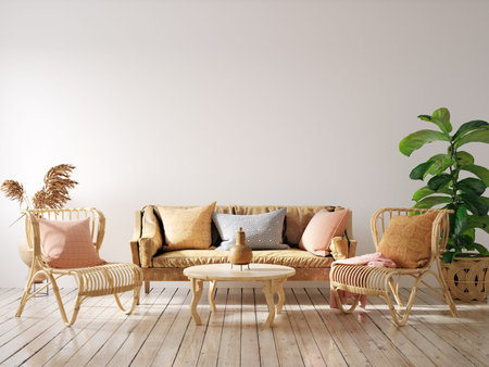 Cozy living room interior with wicker furniture, wall mockup, 3d render