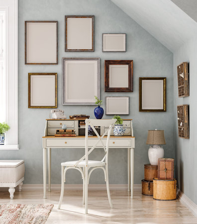 Mockup frames in vintage interior background, 3d render