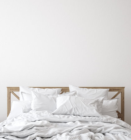 Scandinavian farmhouse bedroom interior, wall mockup, 3d render