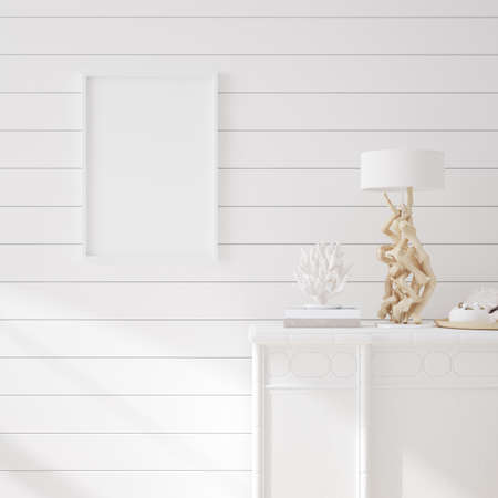 Mock up frame in cozy coastal home interior background, 3d renderの写真素材