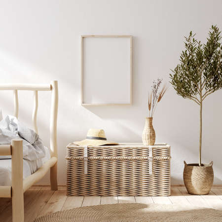 Mockup frame in farmhouse bedroom interior, 3d renderの写真素材