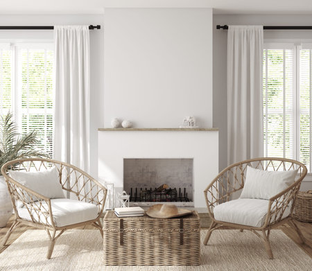 Scandinavian farmhouse living room interior, wall mockup, 3d render