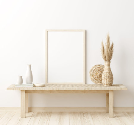 Mock up frame in home interior background, white room with natural wooden furniture, Scandi-Boho...