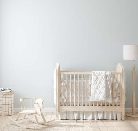 Cozy light blue nursery with natural wooden furniture, 3d renderの写真素材