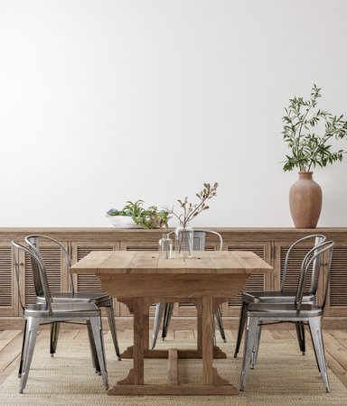 Farmhouse dining room interior, wall mockup, 3d render