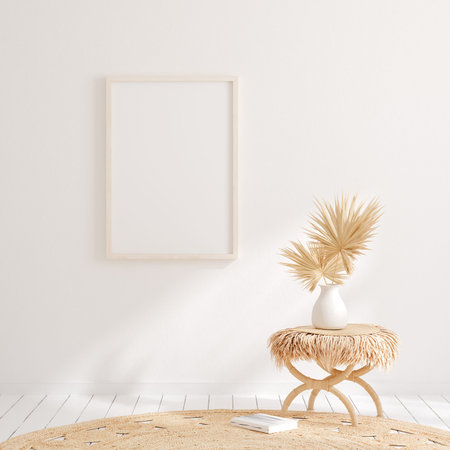 Mock up frame in home interior background, beige room with natural wooden furniture, 3d render