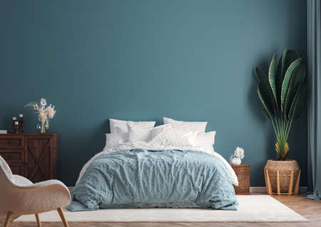 Home interior mock-up background, dark green bedroom with potted palm, 3d renderの写真素材