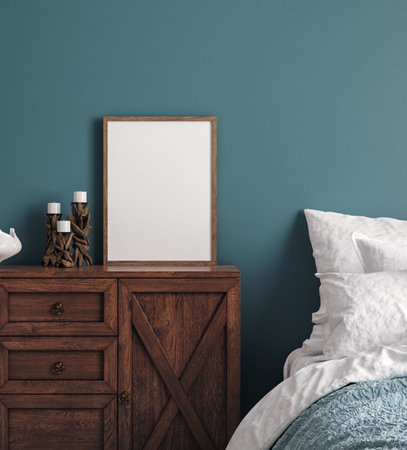 Mockup frame in dark green bedroom interior background, 3d render