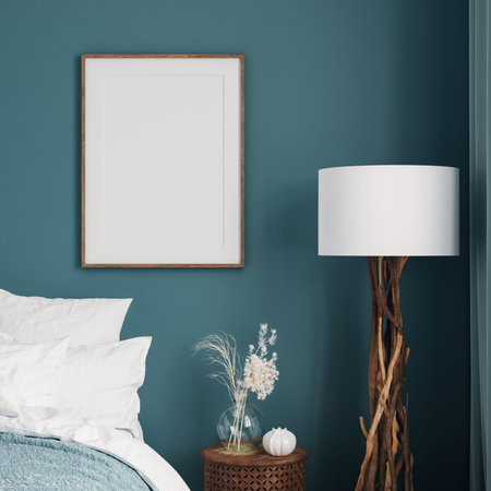 Mockup frame in dark green bedroom interior background, 3d render