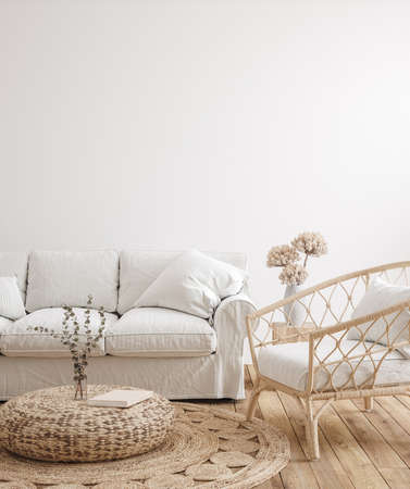 Farmhouse living room interior background, wall mockup, 3d renderの写真素材