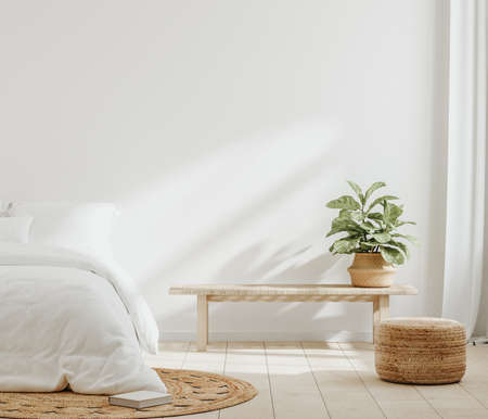 White cozy farmhouse bedroom interior, wall mockup, 3d renderの写真素材