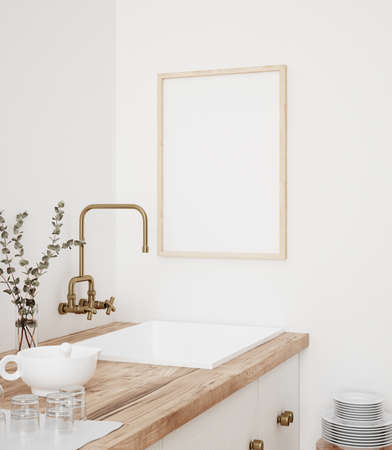 Mock up poster frame in kitchen interior, Farmhouse style, 3d renderの写真素材
