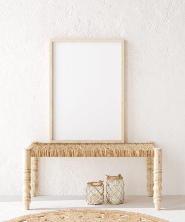 Poster mockup in cozy nomadic bathroom interior background, 3d render