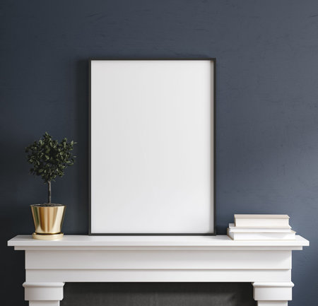 Frame mock up standing on fireplace in dark living room interior, 3d render