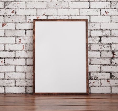 Mockup poster frame close up standing on wooden floor near old brick wall, 3d renderの写真素材