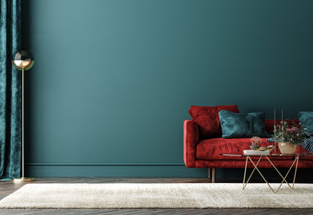 Home interior with red sofa, table and decor in green living room, 3d render
