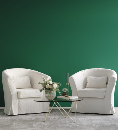 Home interior, luxury modern dark living room interior, green empty wall mock up, 3d render