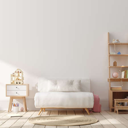 Blank wall mock up in cozy nursery interior background, Scandinavian style, 3D renderの写真素材