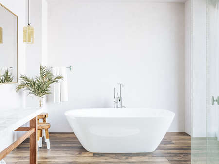 Poster, wall mockup in white cozy bathroom interior background, 3d renderの写真素材