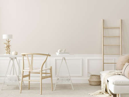 Wall mockup in office interior background, boho style, 3d renderの写真素材