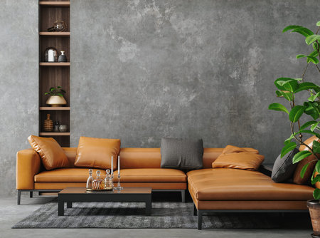 Living room interior in loft, industrial style, 3d render