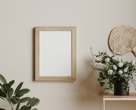 Home mockup, cozy beige minimalist interior background, Boho style, 3d render