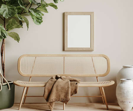 Mock up frame in cozy beige home interior background, 3d renderの写真素材