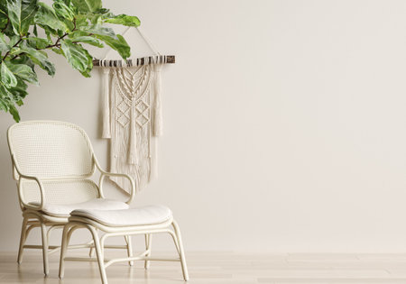 Home mockup, cozy beige minimalist interior background, Boho style, 3d render