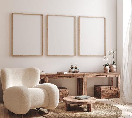 Mockup frame in farmhouse living room interior, 3d render
