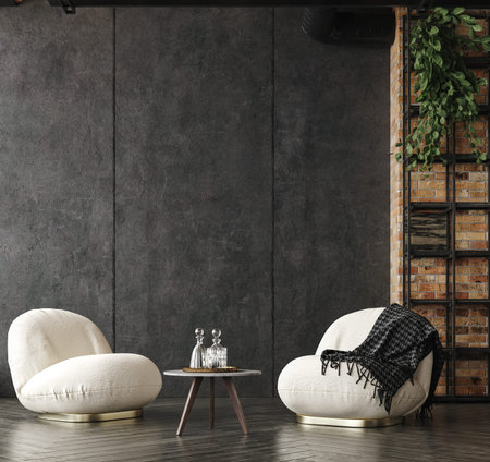 Living room loft in industrial style, 3d render