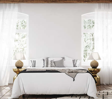 Mockup frame in luxury Hampton style bedroom interior, 3d renderの写真素材