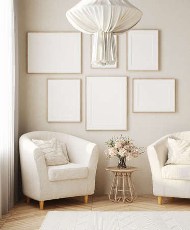 Home mock up, interior background in Scandinavian style, 3D renderの写真素材