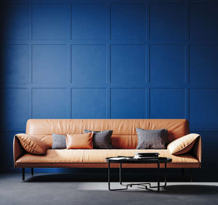 Dark blue home interior with leather sofa, 3d renderの写真素材