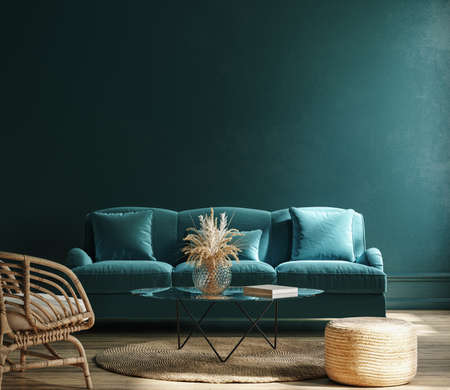 Dark home interior mock-up with turquoise sofa and dry bouquet on table in living room, 3d renderの写真素材