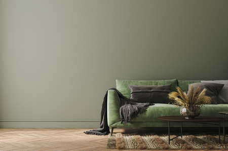 Home interior mock-up with green sofa, table and decor in living room, 3d renderの写真素材