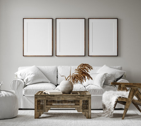 Mockup frame, dry flower and books standing close up near window, 3d renderの写真素材