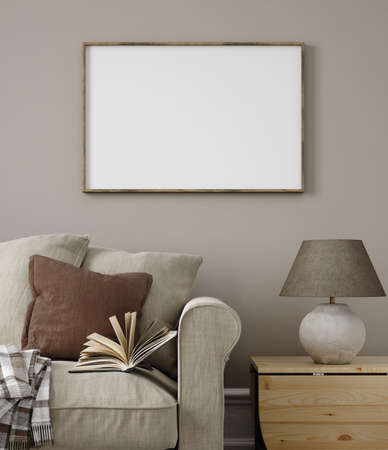 Frame mockup in home interior, living room in neutral colors with sofa, armchair and dry flower on table , 3d renderの写真素材