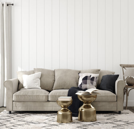 Farmhouse living room interior background, wall mockup, 3d renderの写真素材